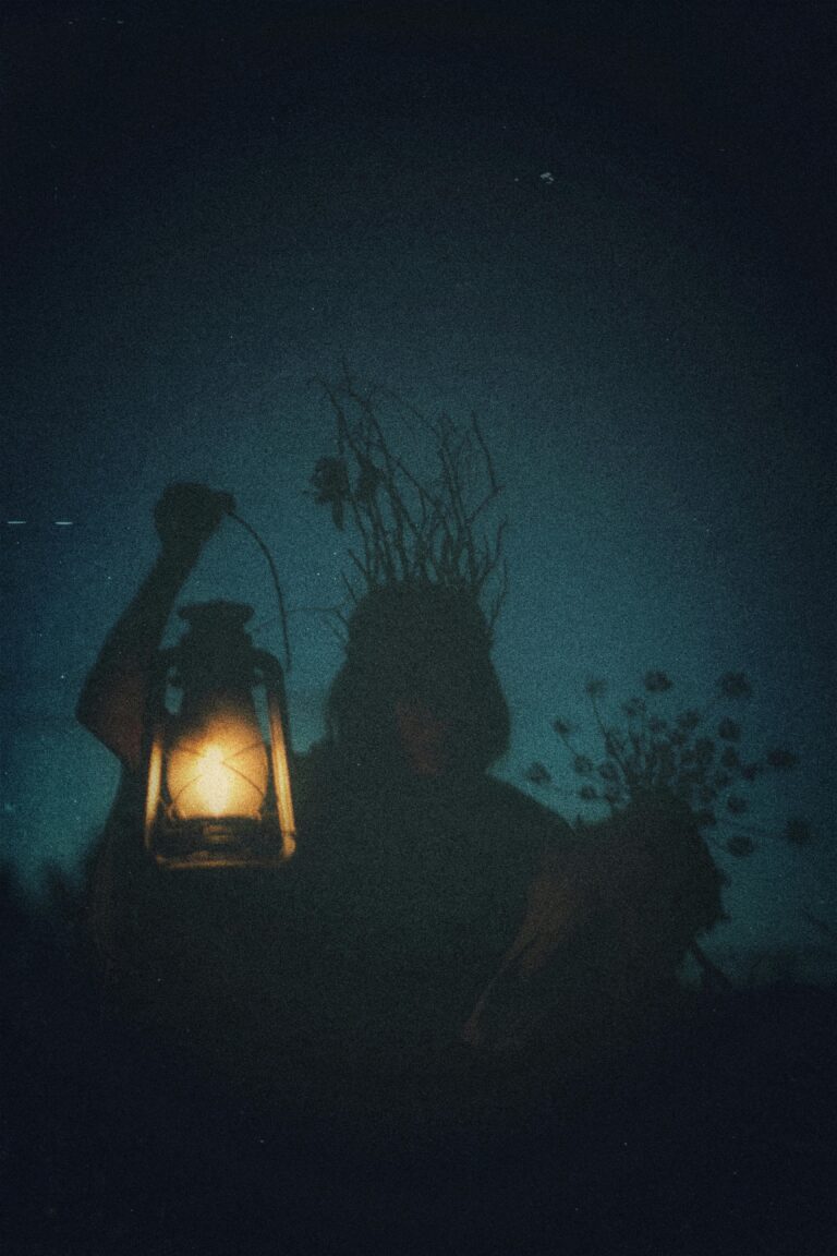 Mystical silhouette of a person holding illuminated lantern with branches at twilight. Ethereal and vintage feel.